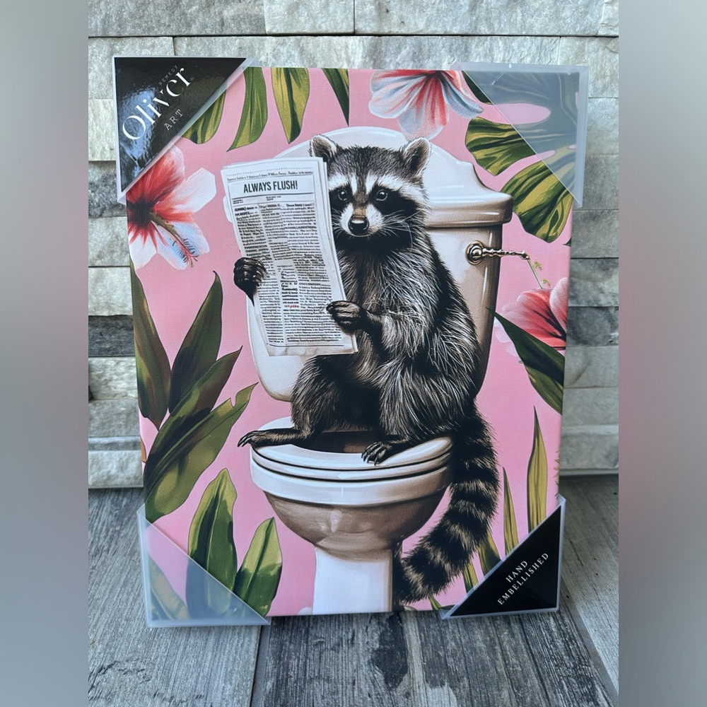 Raccoon on Toilet reading Paper “ Always Flush “  Bathroom Wall Art Home Decor